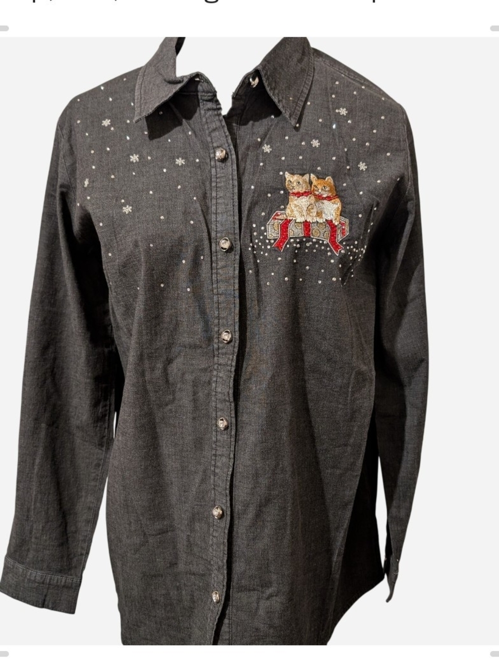 Quacker Factory Dark Gray Button-Down Shirt with Embroidered Cats